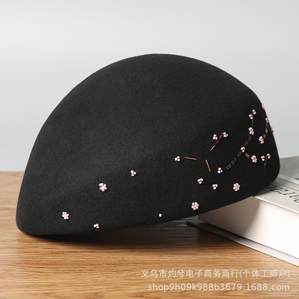National Style Autumn and Winter New Pure Wool Beret Elegant Temperament Plum Blossom Bead Bud Hat Retro Versatile Casual Tide