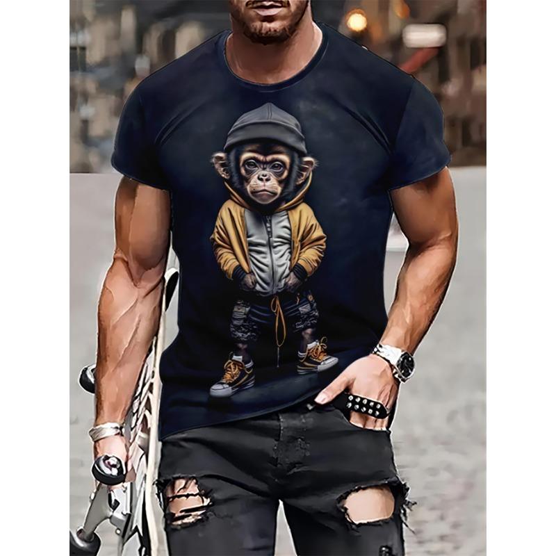 Summer Round Neck 3D Monkey Print Top Fashionable Casual Short Sleeved Men's T-shirts