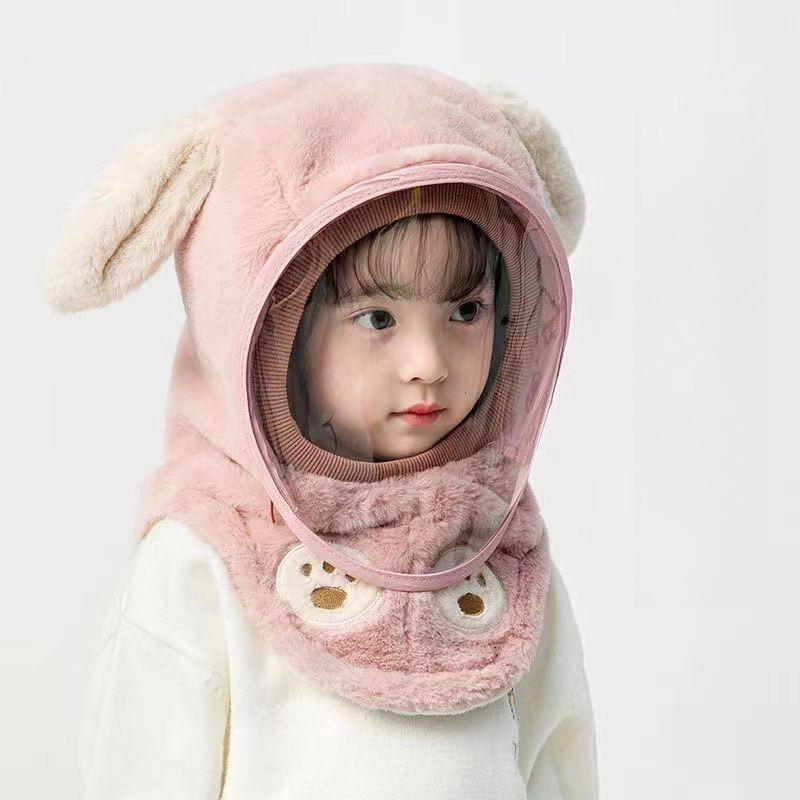 Thickened Winter-Spring Windproof Face Mask with Integrated Ear Flaps for Boys and Girls One-Piece Hooded Scarf