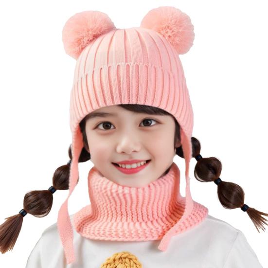 2Pcs/Set Children Winter Hat Scarf Set Plush Ball Decor Solid Color Plush Lining Knitting Hat Warm Neckerchief Set
