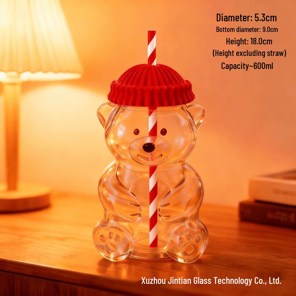 Hitzebeständiger Cartoon-Bären-Glasbecher mit Strohhalm - Süßes Borosilikatglas für Frauen