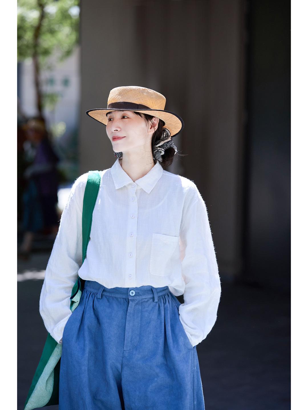 Women s Retro White Linen Sun Protection Shirt L