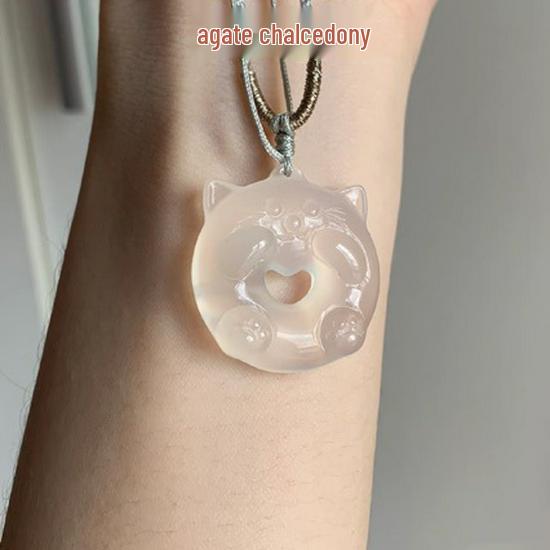 Ice-Type White Agate Totoro Cat Pendant Necklace Unisex Anime Jade Stone