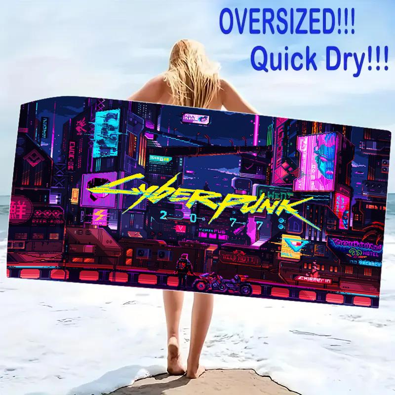 Cyberpunk Print Beach Towel, Large Soft Quick Dry Towel for Beach Camping Swimming
