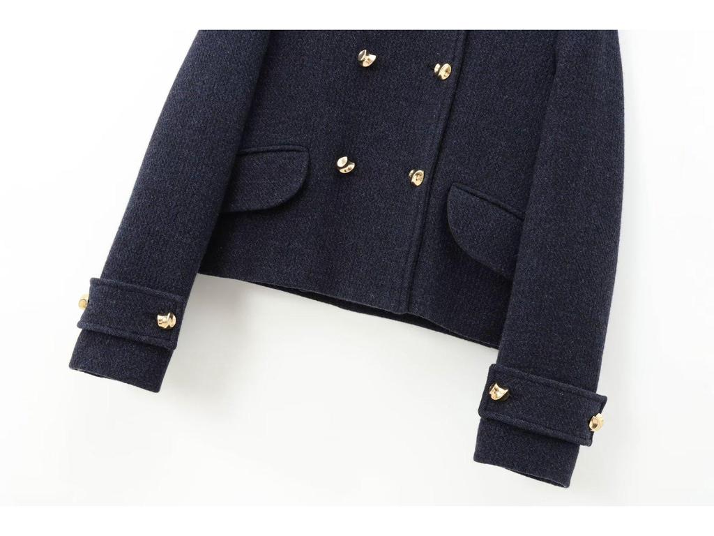 European & American Style Double-Breasted Wool Blend Short Blazer Cape with Midi Skirt