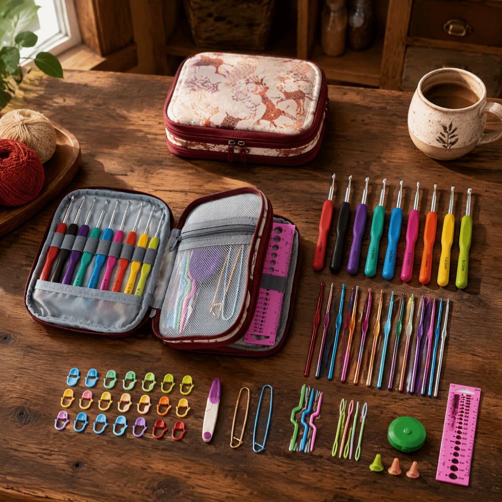 TPR Soft Grip Knitting Needle Set Aluminium Alloy Handle Crochet Hook Kit  For Beginners