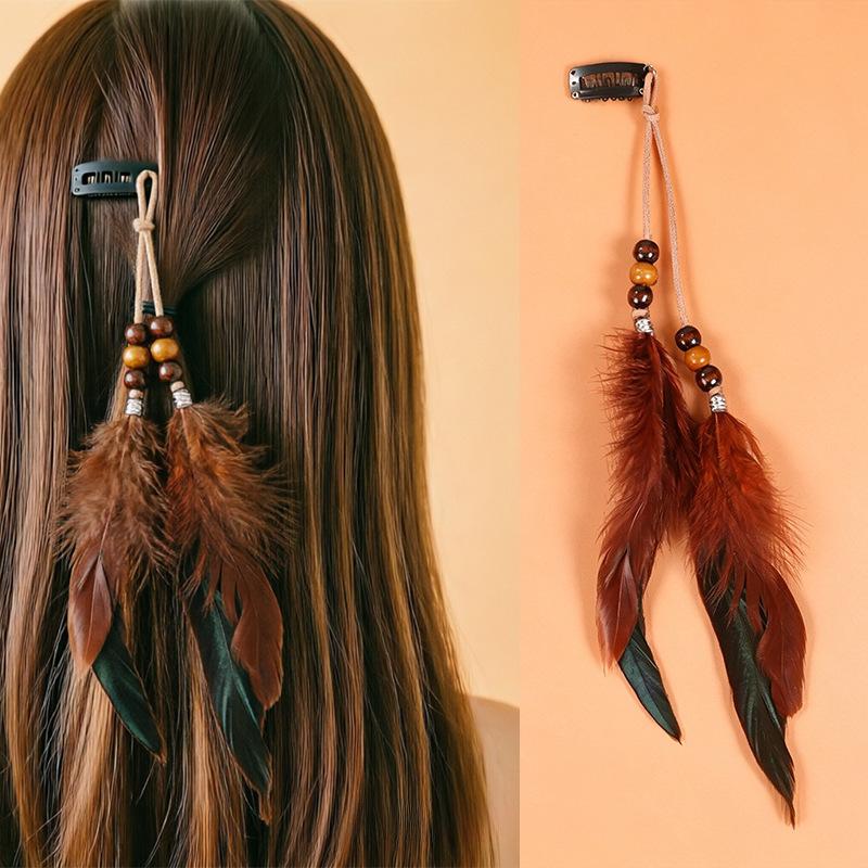 Vintage Feather Hair Accessory, Long Bohemian Fringe Headband With Beads, Handmade Festival Hair Clip For Women