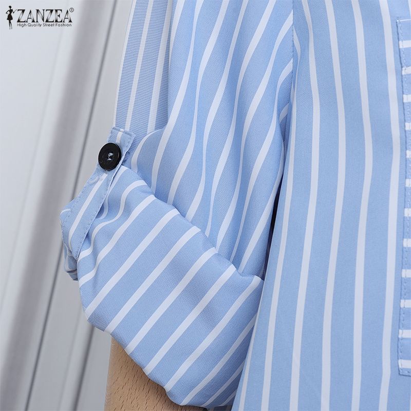 ZANZEA Women Casual Adjustable Long Sleeve Loose Lapel Collar Stripe Shirt Dress