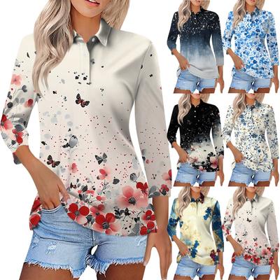 Camisa estampada de manga corta 3/4 con solapa informal a la moda para mujer, blusas con botones para mujer