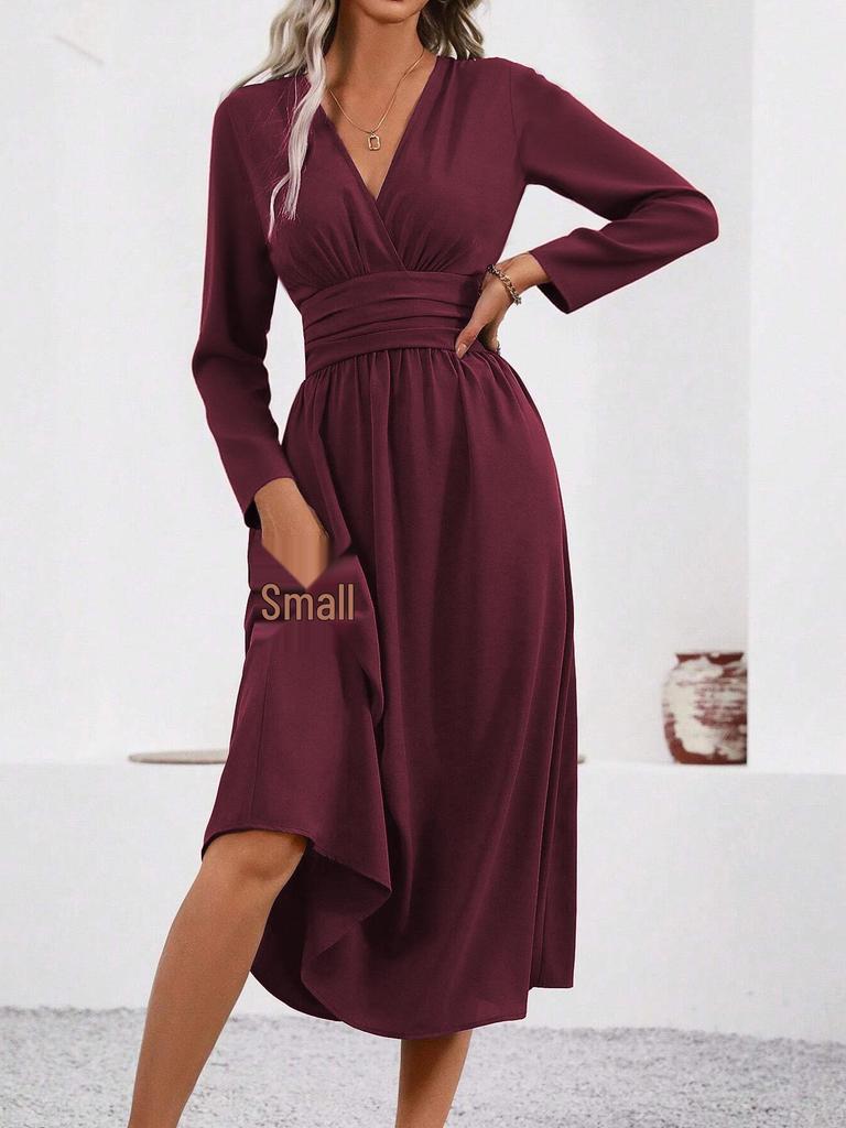 Elegant Women's V-Neck Long Sleeve Ruched Waist Dress for Autumn/Winter