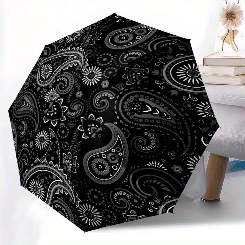 1pc Paisley Cats Auto Open/Close Umbrella with One Touch Button, Compact Folding Canopy, Sturdy 8 Rib Windproof Design   Lightweight  08