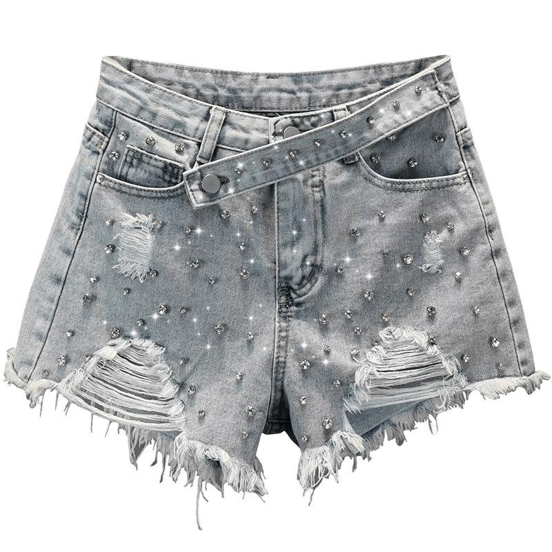 Ripped Wide-Leg Denim Shorts Women's Summer High Waist Exquisite Rhinestone Hot Pants Ladies Streetwear Jean Shorts