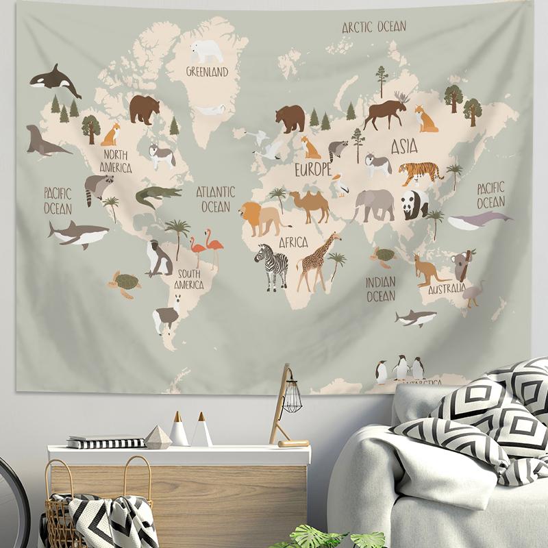 VIKAMA Ins Scandinavian World Terrain Tapestry Childrens Room Wall Decoration Cartoon Animal Map Bedside Background Tapestry