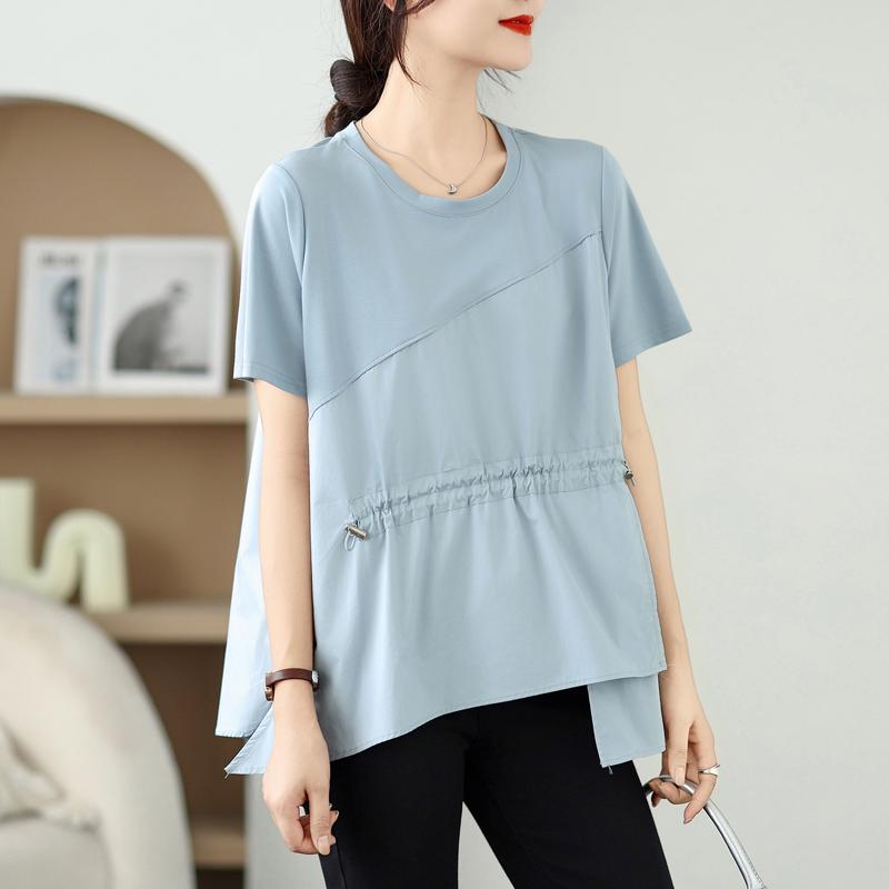 

Dimanaf Летняя футболка больших размеров 2025 года, винтажная женская футболка с коротким рукавом, асимметричная однотонная короткая свободная футболка One Size синий