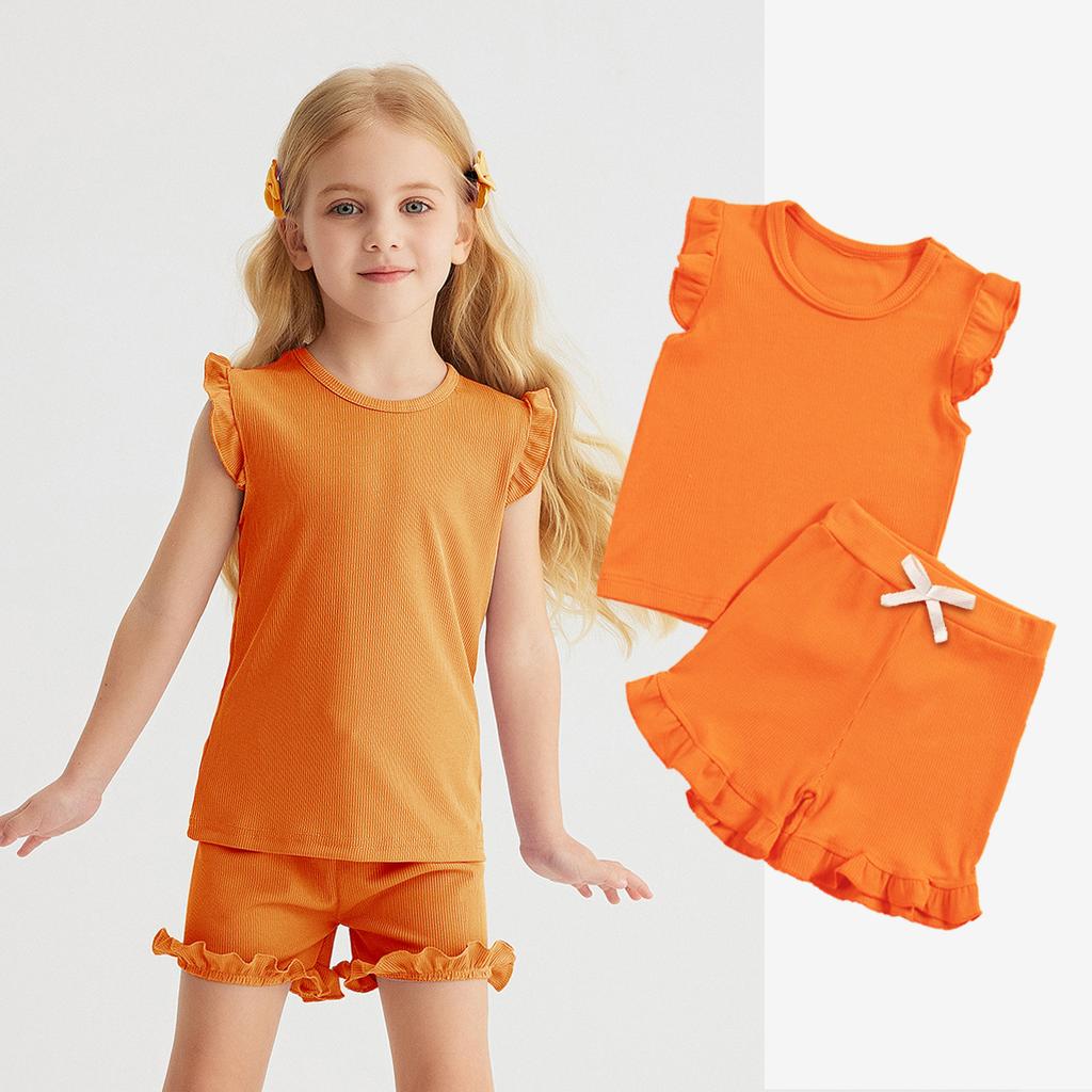 Girls' Solid Color Short Sleeve Shorts Set 2025 Summer Children's Fashion Set