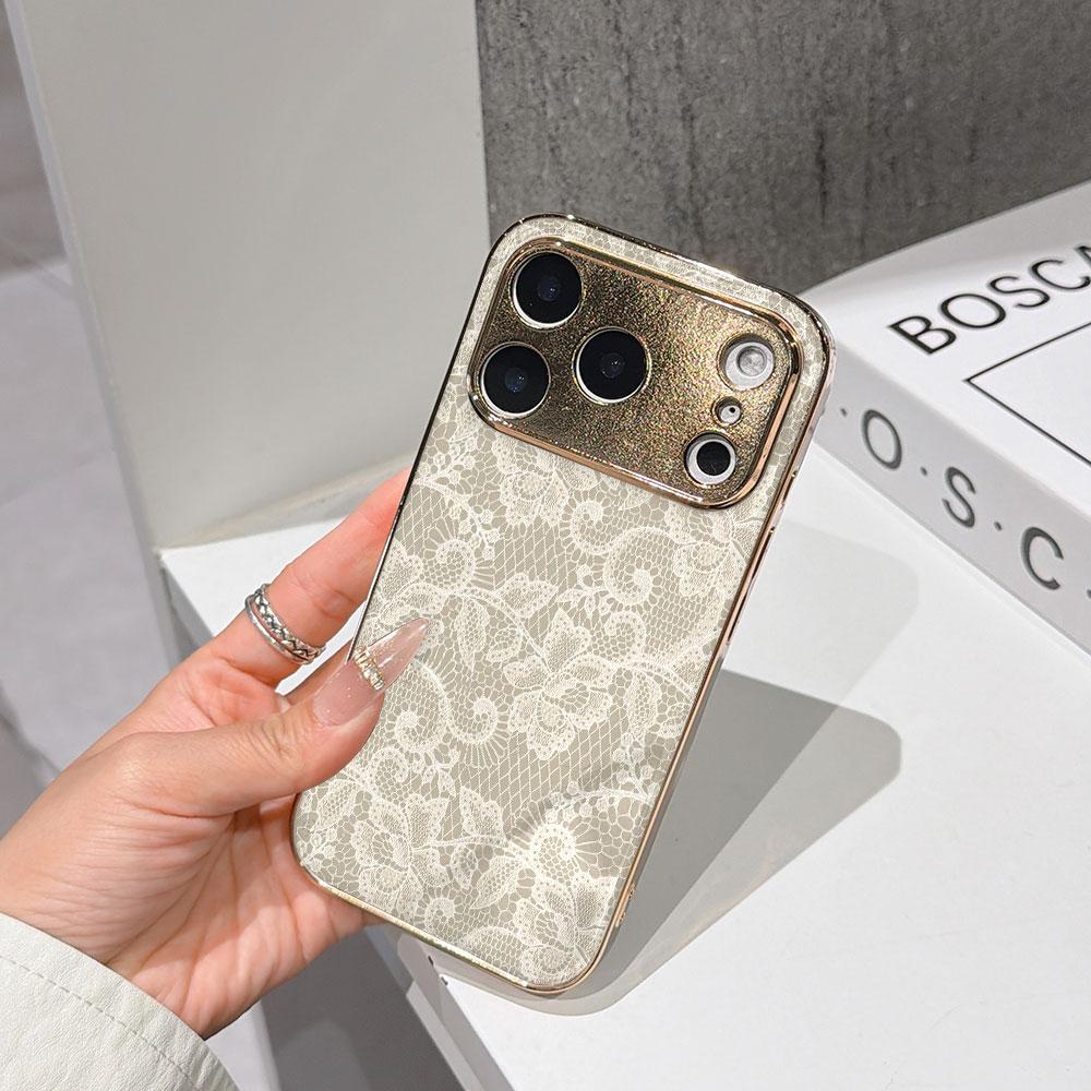 

Lucky Start Phone Case For iPhone 17 16 15 14 13 12 11 Pro Max 16E Gold Electroplated glass shell Ivory Lace Cover IPHONE16