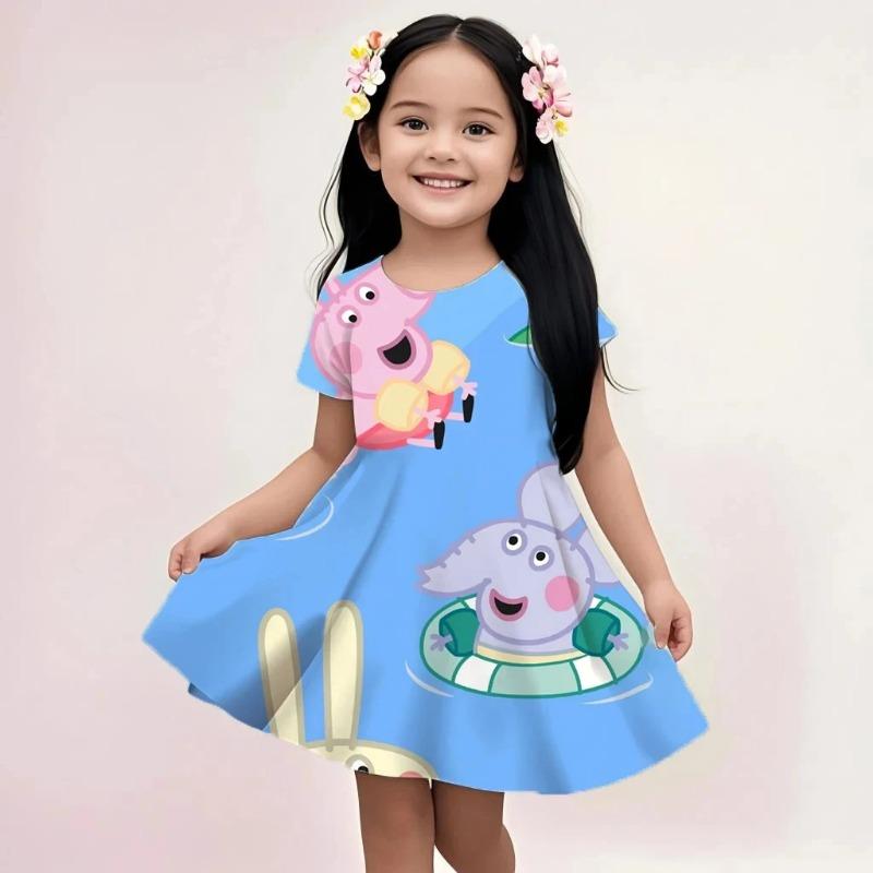Summer Girls Cute Dress Peppa Pig Cartoon Print Casual Fashion Beach Sundress Soft Lightweight Breathable Dress 110
