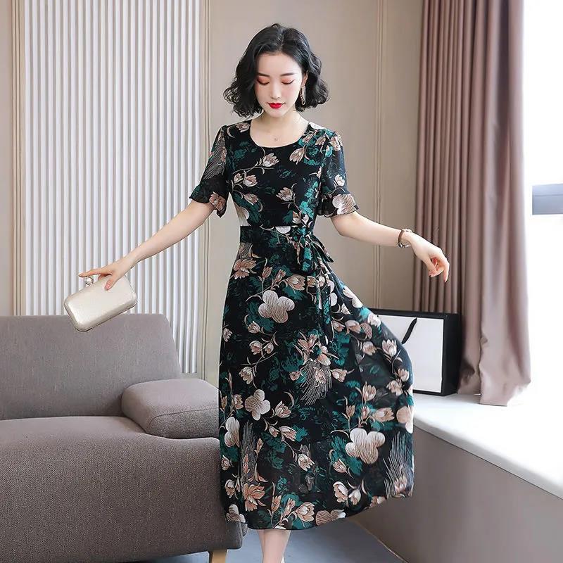 Women's Summer Dress Large Size Chiffon Print Round Neck Short Sleeve Skirt Length To Calf