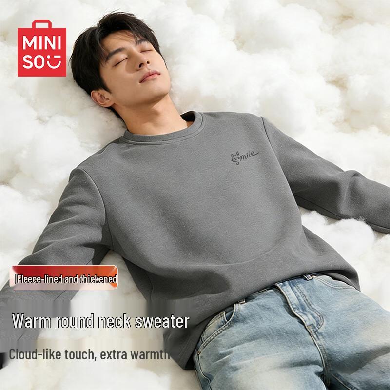 MINISO Men s Fleece-Lined Warm Round Neck Long-Sleeve T-Shirt 3XL