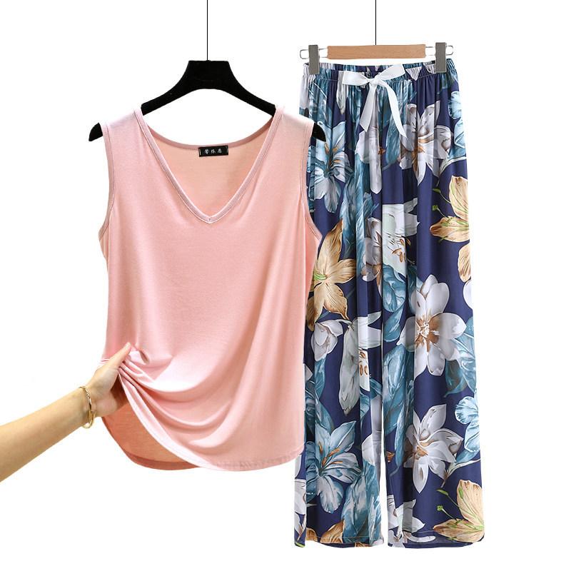 Lockere Modal-Pyjama-Sets Sommer V-Ausschnitt Tanktop und Florale Weite Hosen Lässiger Hausanzug ärmellos Loungewear Übergröße