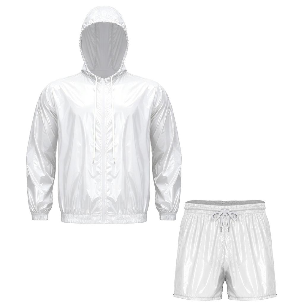 Mens Waterproof Sportswear Long Sleeve Zip Up Hooded Jacket Windbreaker Built-in Briefs Boxer Shorts Sweat Outfit