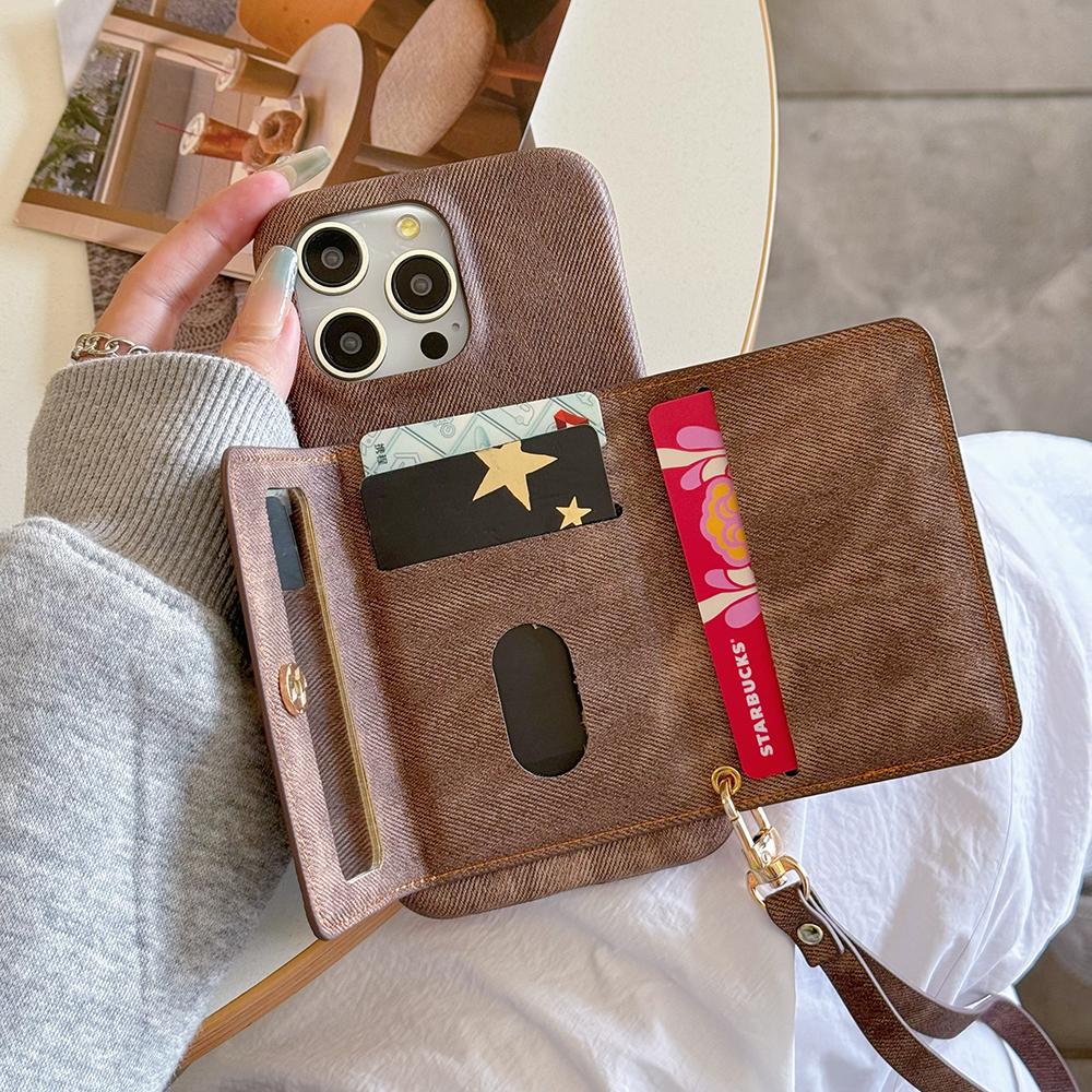 For iPhone 14 Pro Case Card Slots Mirror Design Jeans Cloth Texture PU Leather Back Cover with Strap