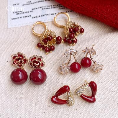 Liu Yifei Red Pearl Earrings Women's Earrings 2025 New Popular Camellia Stud Earrings