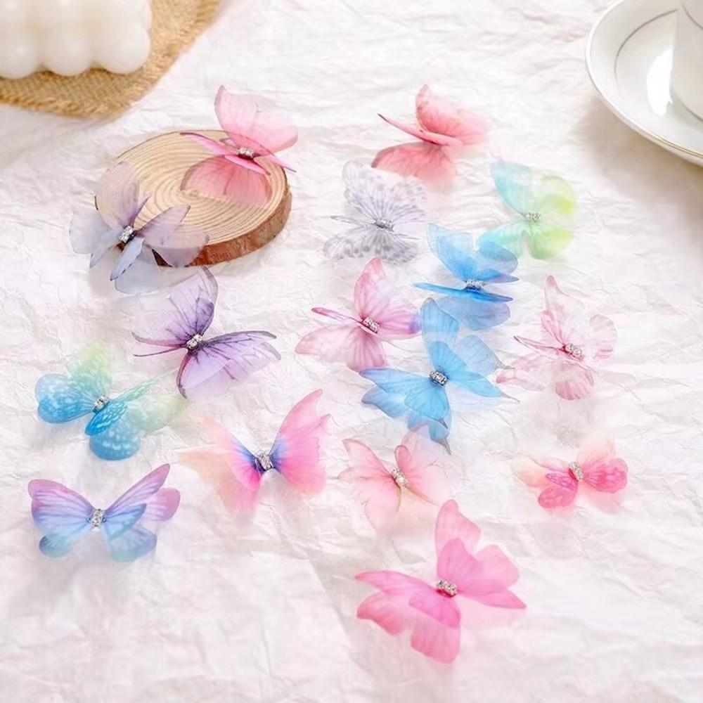 50Pcs 3D Organza Fabric Butterfly Appliques Colorful Rhinestone Simulation Mesh Butterfly Patch Double-layer Translucent