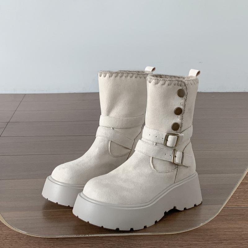 Vintage Chunky Platform Flats Women Ankle Boots Fashion Belt Buckle Height Increase Shoes Autumn Winter Women's Short Booties