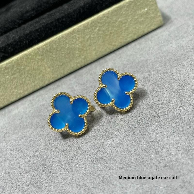 High Quality Four-leaf Clover Earring Buckle White Mother-of-pearl Earrings Red Chalcedony Black Agate Earrings