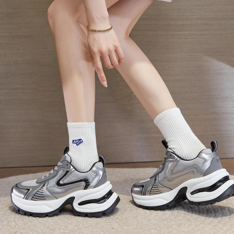 Spring Summer Shoes Women Fashion Sneakers Breathable Mesh Shoes Height Increasing 6cm Silver Brand Ladies Sneakers