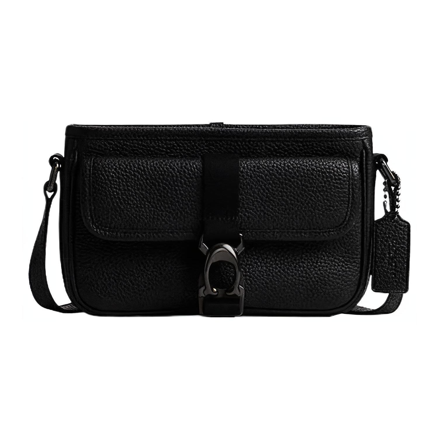 Coach Men's Black Beck 21 Solid Color Embossed Logo Zipper Closure Leather Shoulder Crossbody Bag Small Bags Cm335-Blk