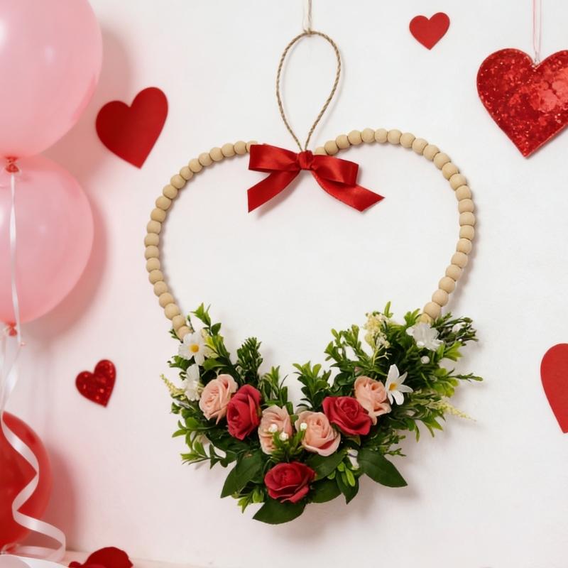Romance Valentine's Day Heart Shape Wreath with Wood Beads Frame Red Ribbon and Simulated Flower for Festival Home Decors Measuring 36cm Wide 37cm
