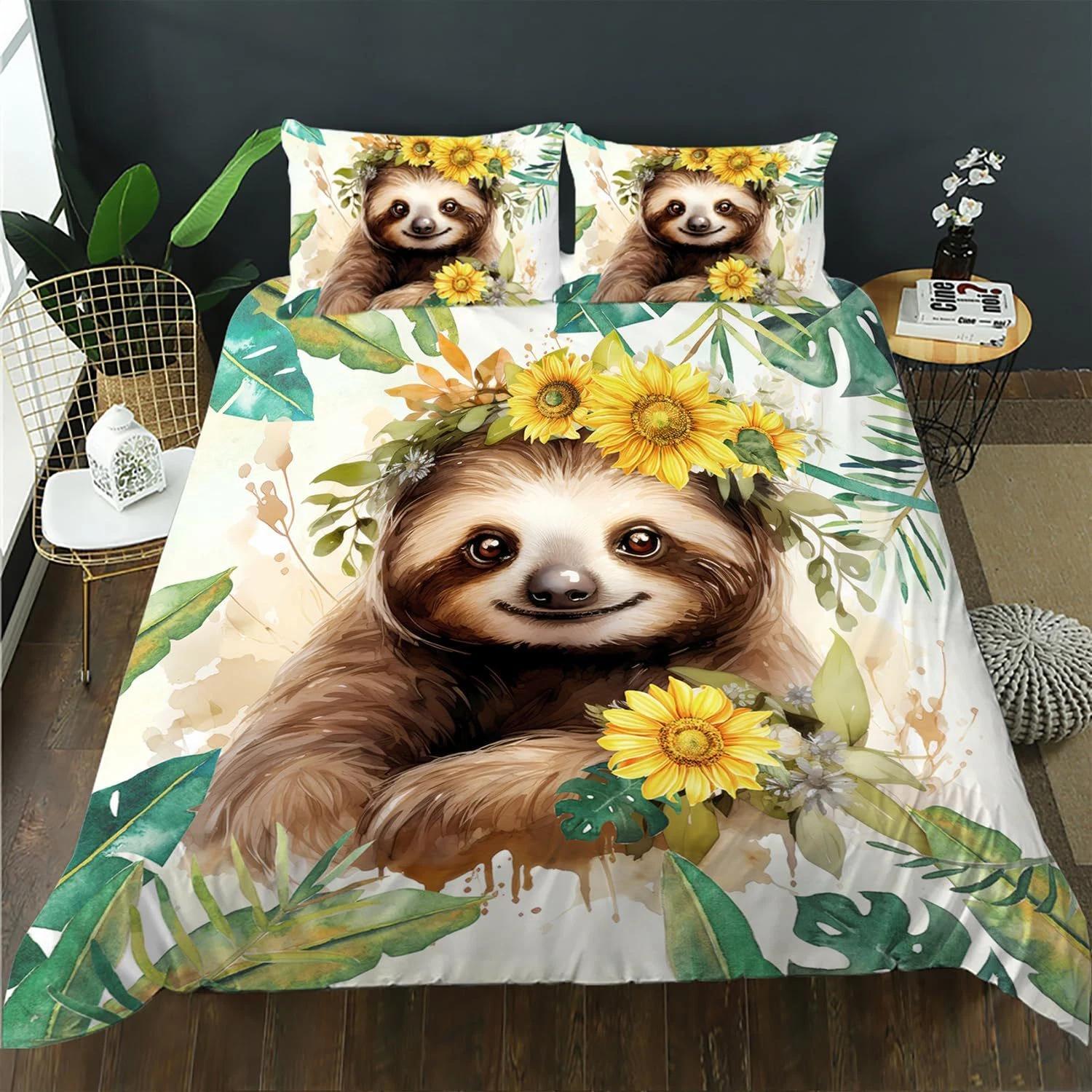 

Cute Sloth & Sunflower Tropical Bedding Set – Whimsical Animal Duvet Cover Set, Perfect Gift for Nature Lovers, Fits Twin/Full/Queen/King Size Beds Baby 100x135cm