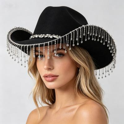New Rhinestone Fringed Felt Western Cowboy Hat French Top Hat Party Hat Wedding Hat