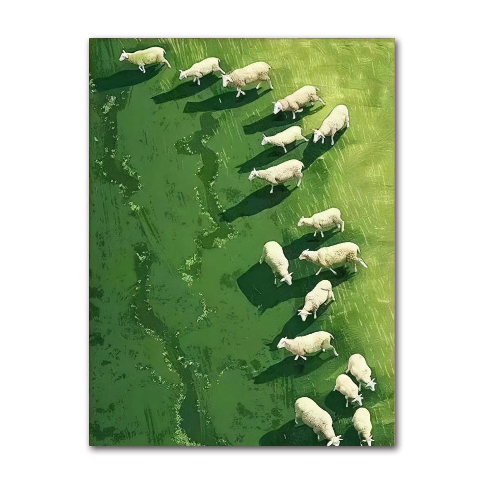 Modern Minimalist Pastoral Frameless Canvas Poster, Green Background with Sheep Herd, Wall Mural for Home Decor