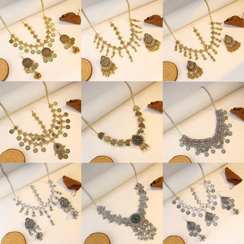 Bohemian Exotic Rhinestone Tassel Necklace & Earrings Set In Antiqued Alloy