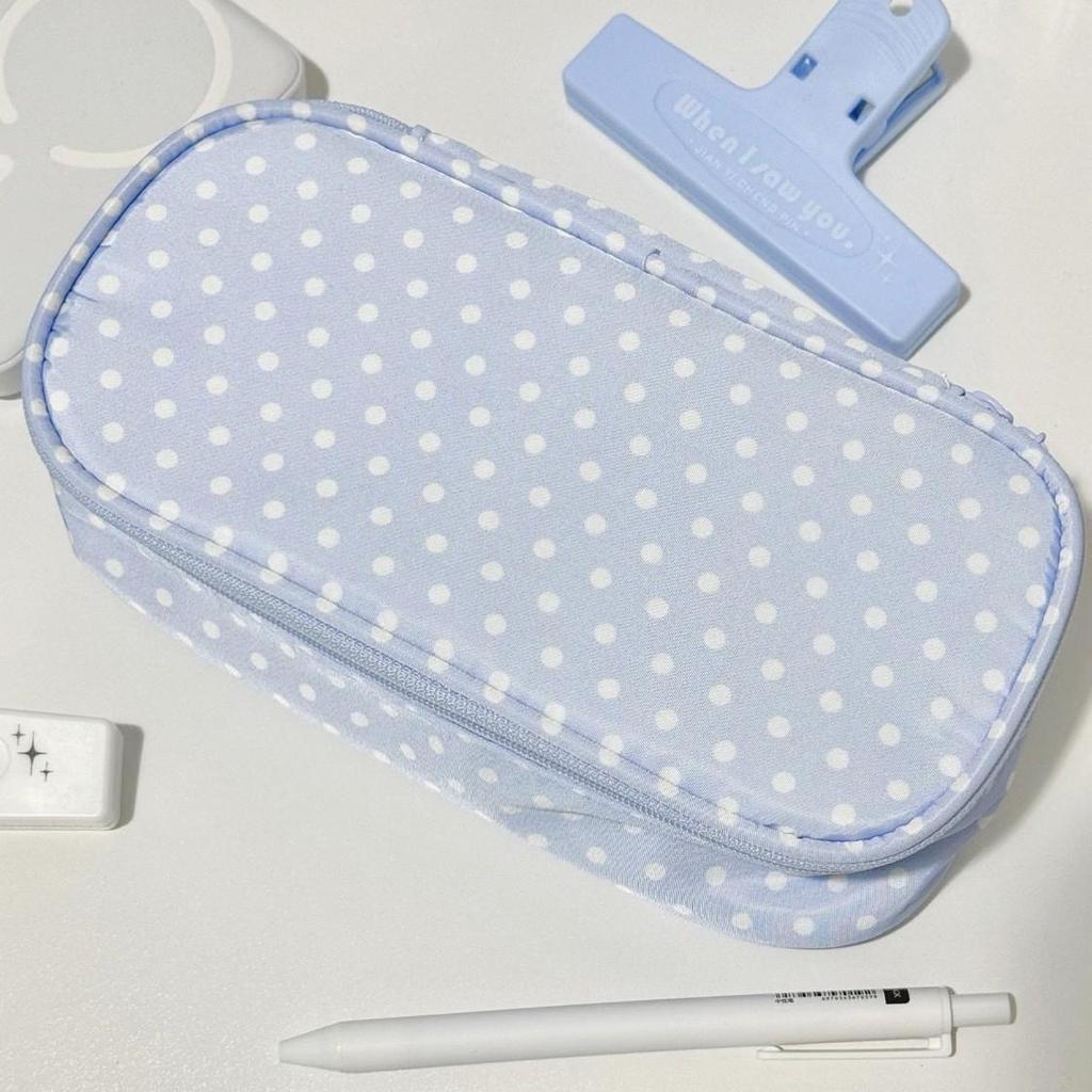 Blue Polka Dot Pencil Case - Cute Japanese Style, Large Capacity Storage for Stationery & Cosmetics