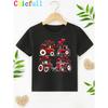 European sizes Children1pc CHICFULL Valentine'S Day TX60204 Boys' T-Shirt, Red Tractor and Hearts Print, Casual Crew Neck, Polyester Knit Fabric
