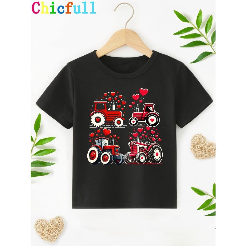 European sizes Children1pc CHICFULL Valentine'S Day TX60204 Boys' T-Shirt, Red Tractor and Hearts Print, Casual Crew Neck, Polyester Knit Fabric