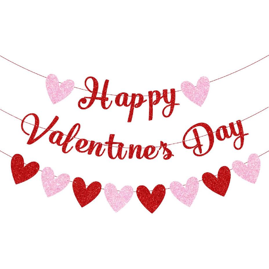 CAVLA Red Glittery Happy Valentine s Day Banner and Red Pink Glittery Hearts Banner Valentine s Day Banner Garland with Heart Signs Valentines Day