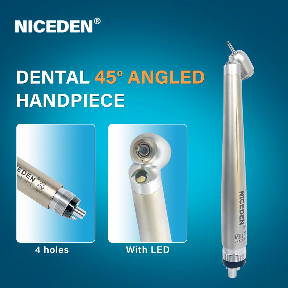 NICEDEN Dental 45 Degree LED High Speed Handpiece E-generator Integrated Small Head Push Button Handpiece Single Water Spray