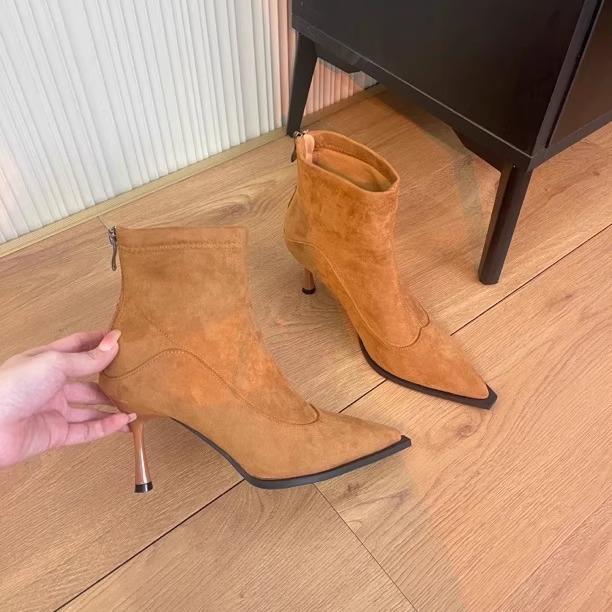 

Pointed Thin Heel Suede Elastic Skinny Boots Versatile Rear Zipper High Heel Boots 40
