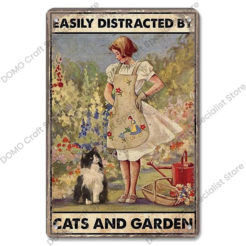 Vintage Garden Metal Tin Sign Plaque Pc  CatDogSunflowersGirl Design Ideal Wall Decor for Flower ShopManorLiving Room