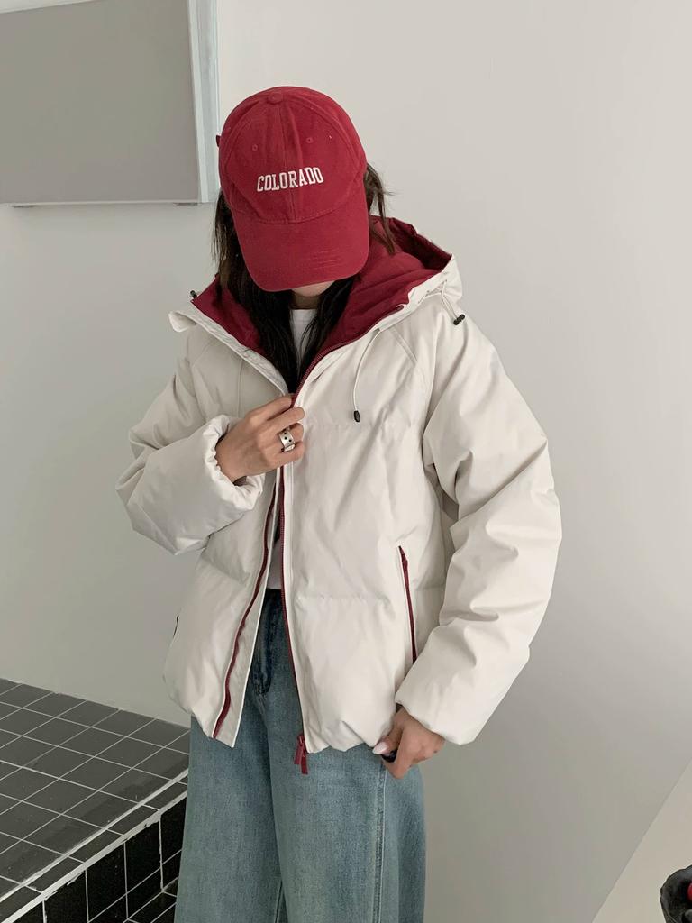 Down jacket women's winter short white duck down contrasting bread new couple hooded loose warm jacket