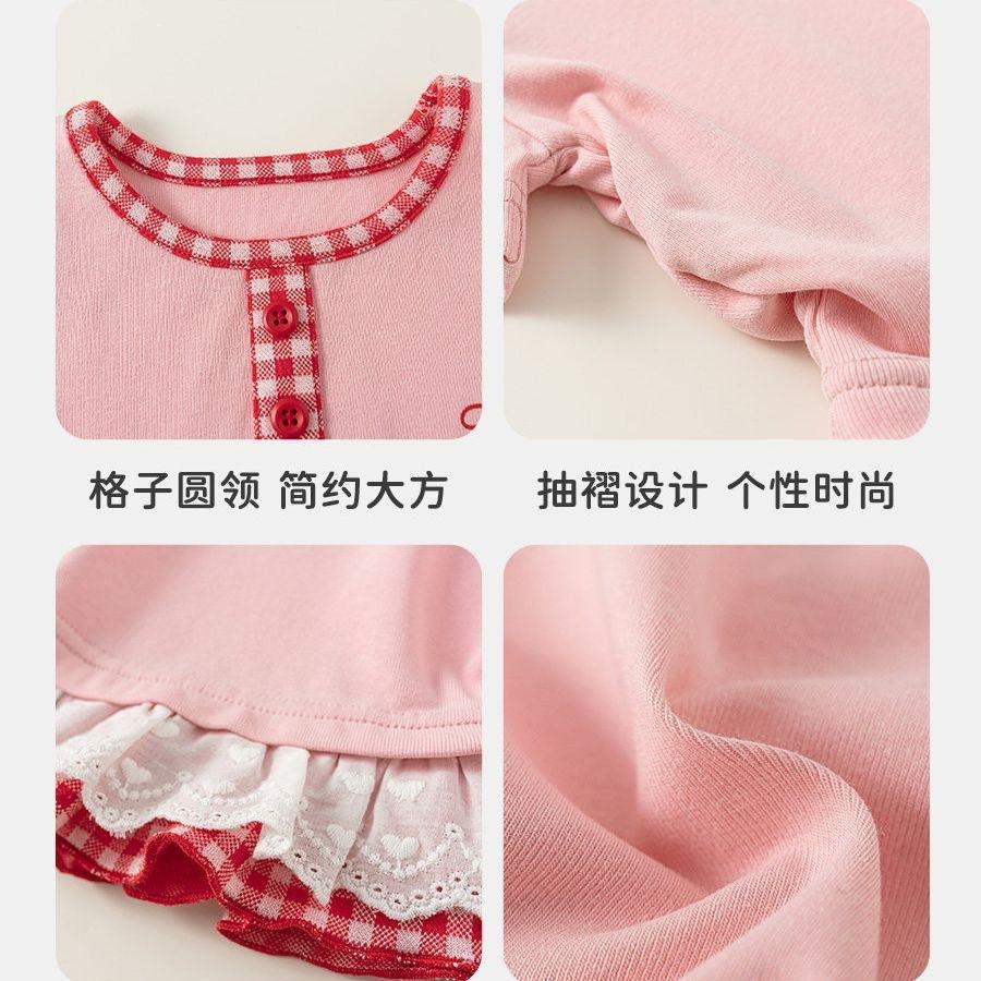 Girls Pink Round Neck Short Sleeve T Shirt with Sweet Checkered Lace Trim for Summer