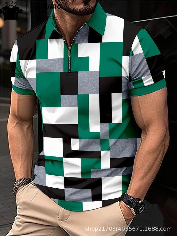 Casual Geometric Block Print Short Sleeve Zip Collar Polo Shirt for Men