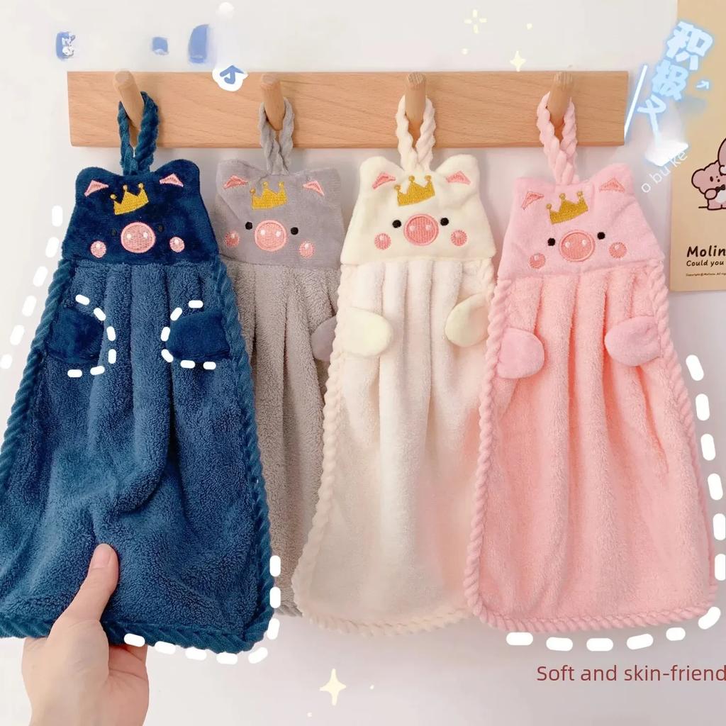 Economic Hand Towel Cute Cartoon Pig Hanging Towel Thickened Coral Fleece Soft Water Absorbent Towel Non-shedding Cloth