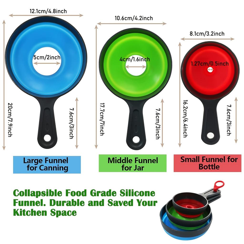 Large Small Funnel Set Of 3, Food Grade Mini Funnels For Kitchen Use, Silicone Collapsible Funnel, Wide Mouth Canning Funnel For Mason Jars,