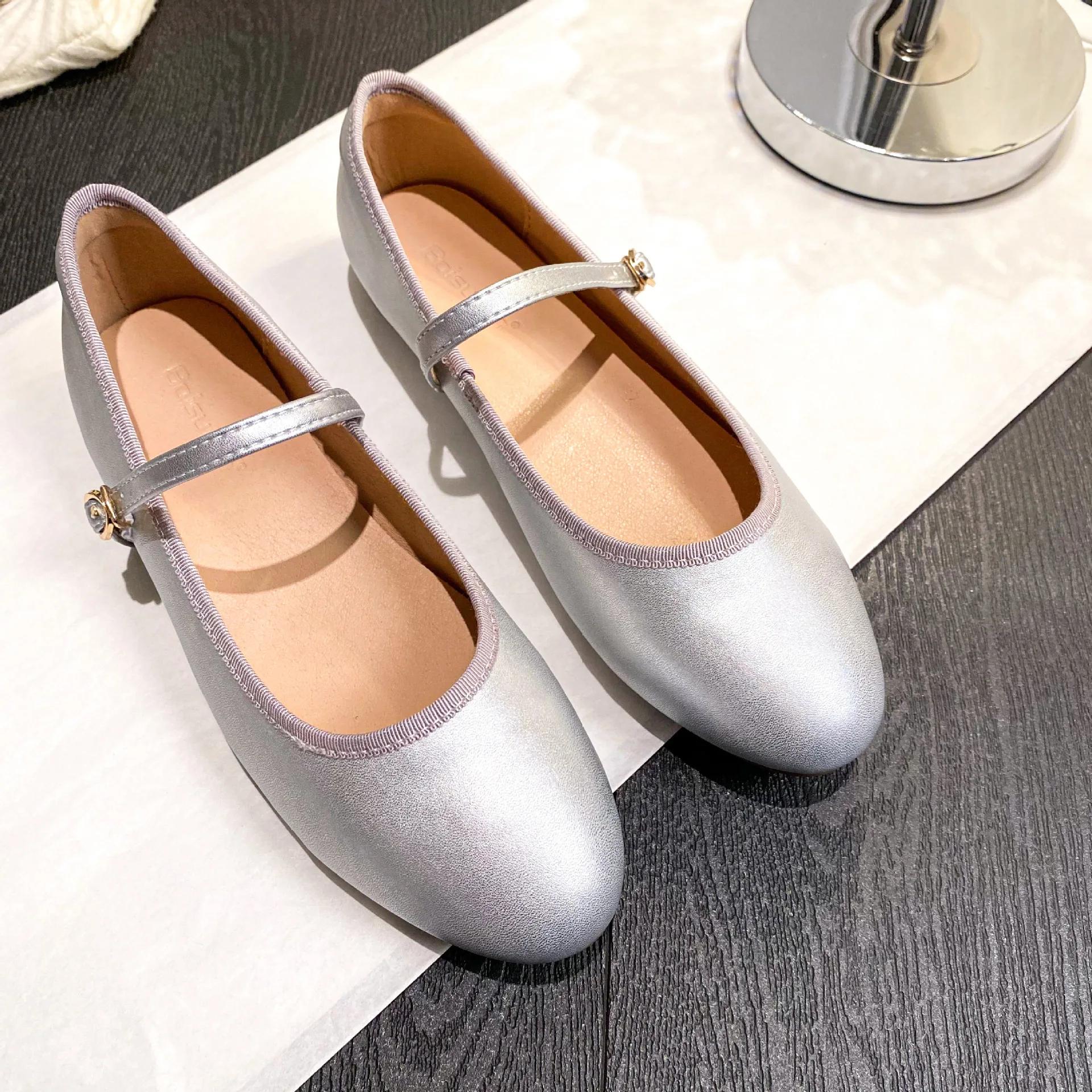 

Fashion Flat shoes women s 2025 new Mary Jane single strap shallow mouth soft soled ballet shoes summer round toe single shoes women 41 серебряный